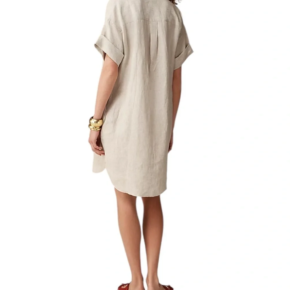 Button-Front Tie Waist Linen Dress in Light Beige